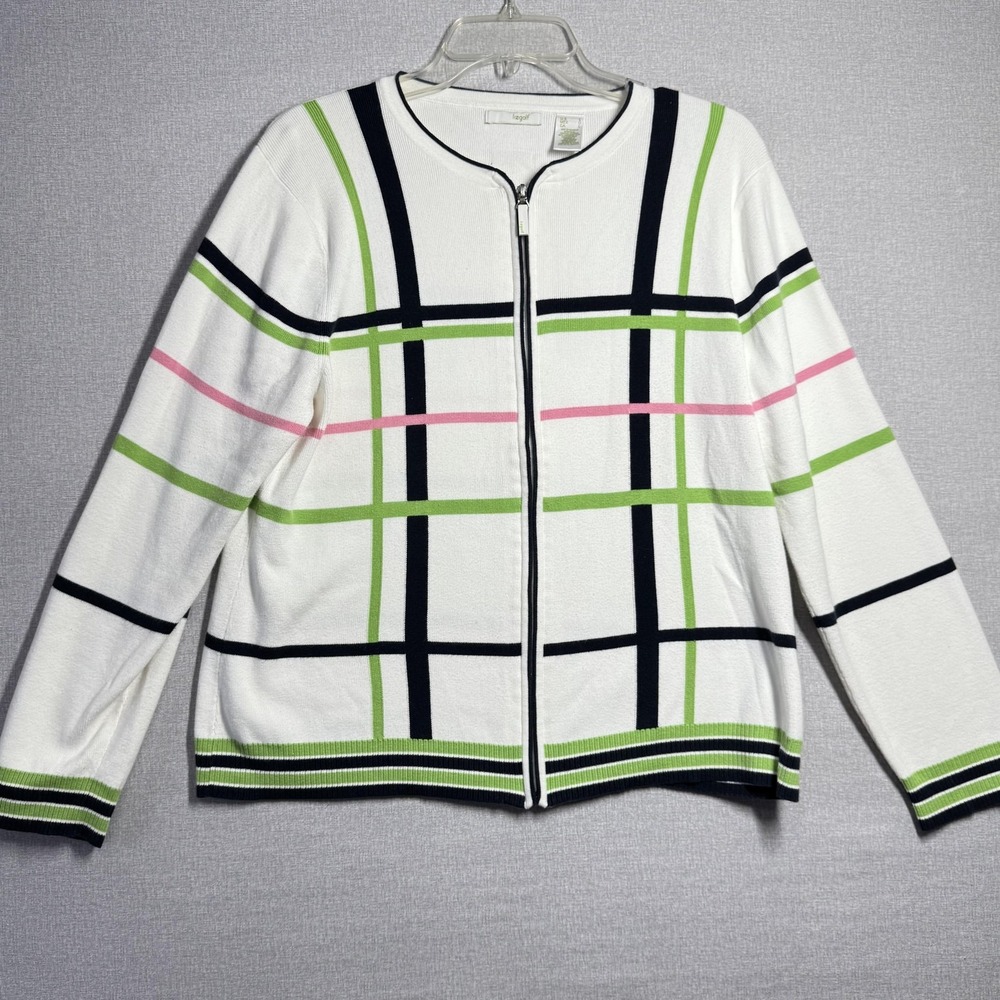 Liz Golf Sweater Womens Large White Striped Full‎ Zip Cardigan Knit Casual